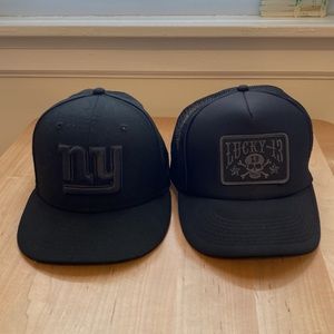 2 Black on Black Caps Fits All Size. ONLY WORN ONCE NFL NY Giants/ Lucky 13 Otto